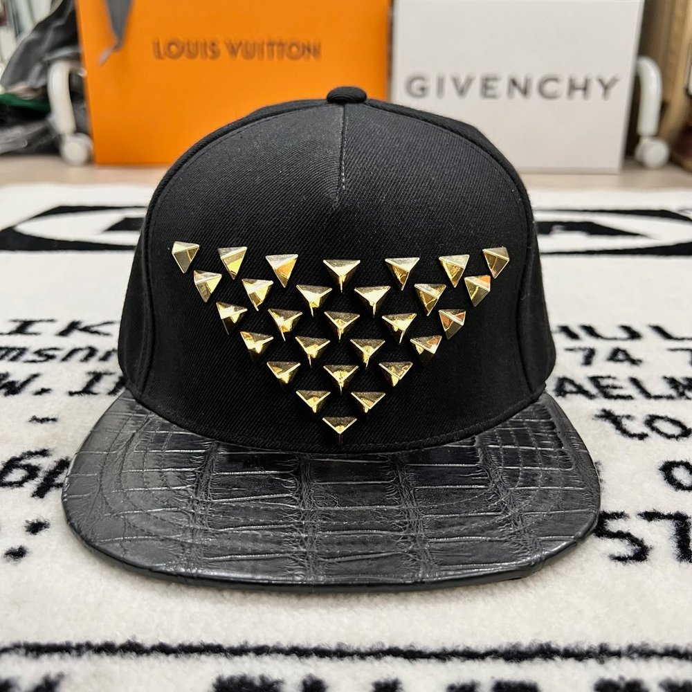 $750 Black Croc Leather w/ Gold Pyramid Studs Strapback Hat
